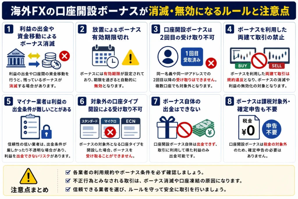 海外FXの口座開設ボーナスが消滅・無効になるルールと注意点